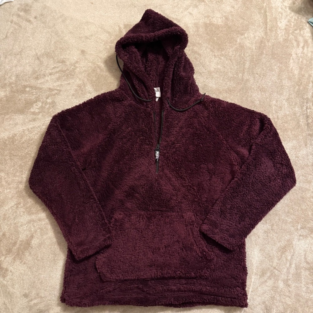 PINK Victorias Secret Burgundy Sherpa Fleece Quarter Zip Hoodie Womens Medium